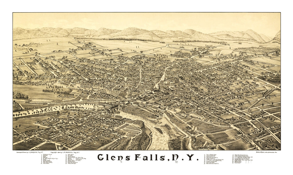 1884 Vintage Glens Falls, New York Map Print