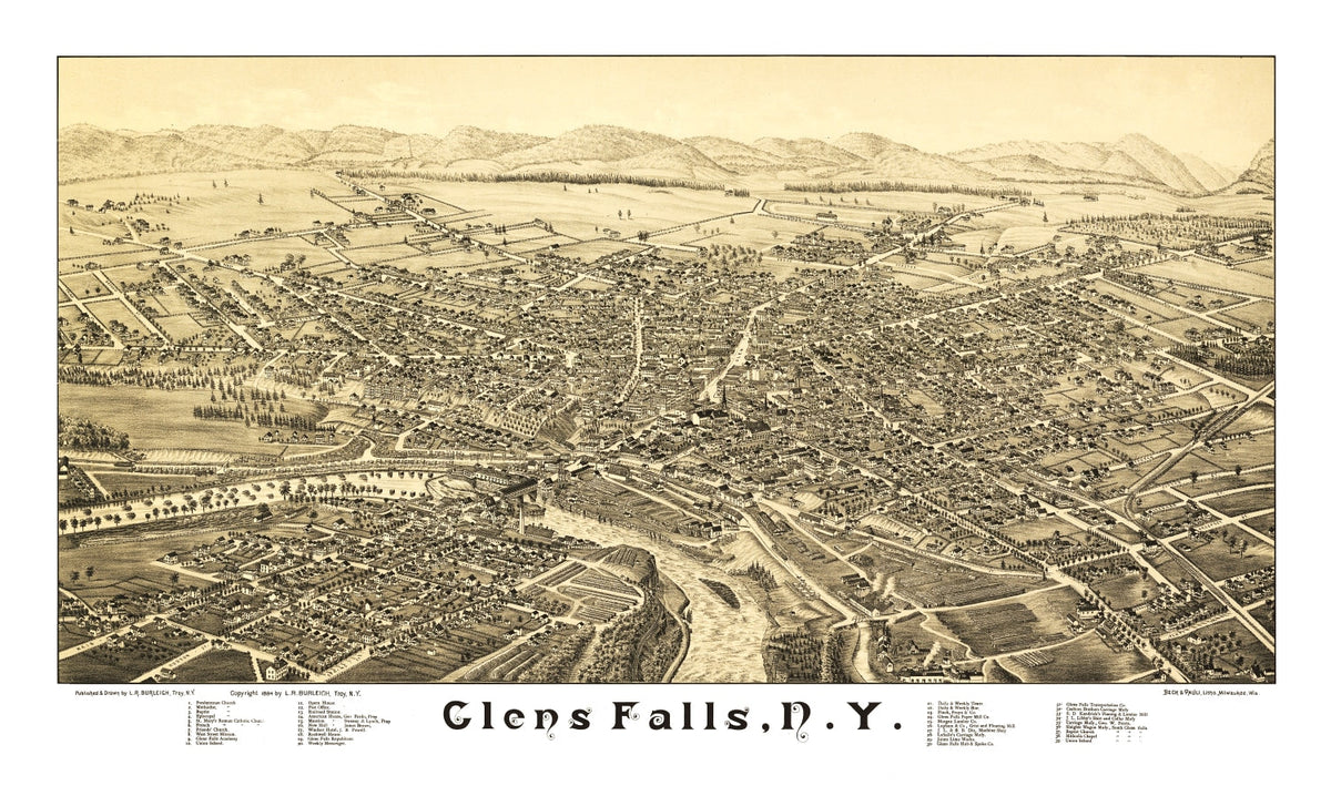 1884 Vintage Glens Falls, New York Map Print