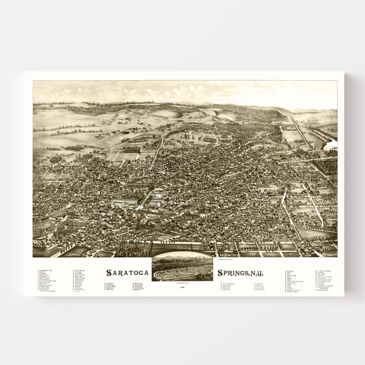 Vintage-style aerial map of Saratoga Springs, New York on a white background