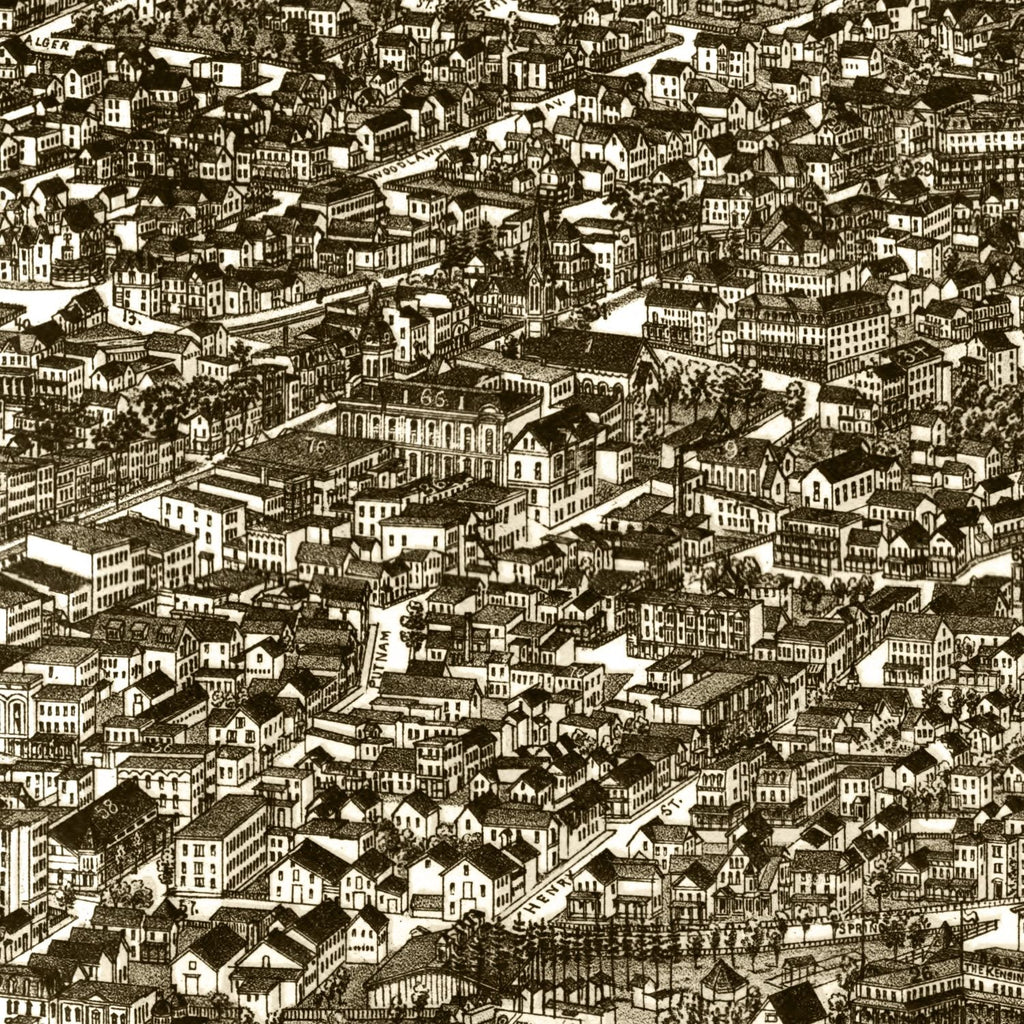A detailed black and white illustration of a vintage Saratoga Springs map cityscape with numerous buildings.