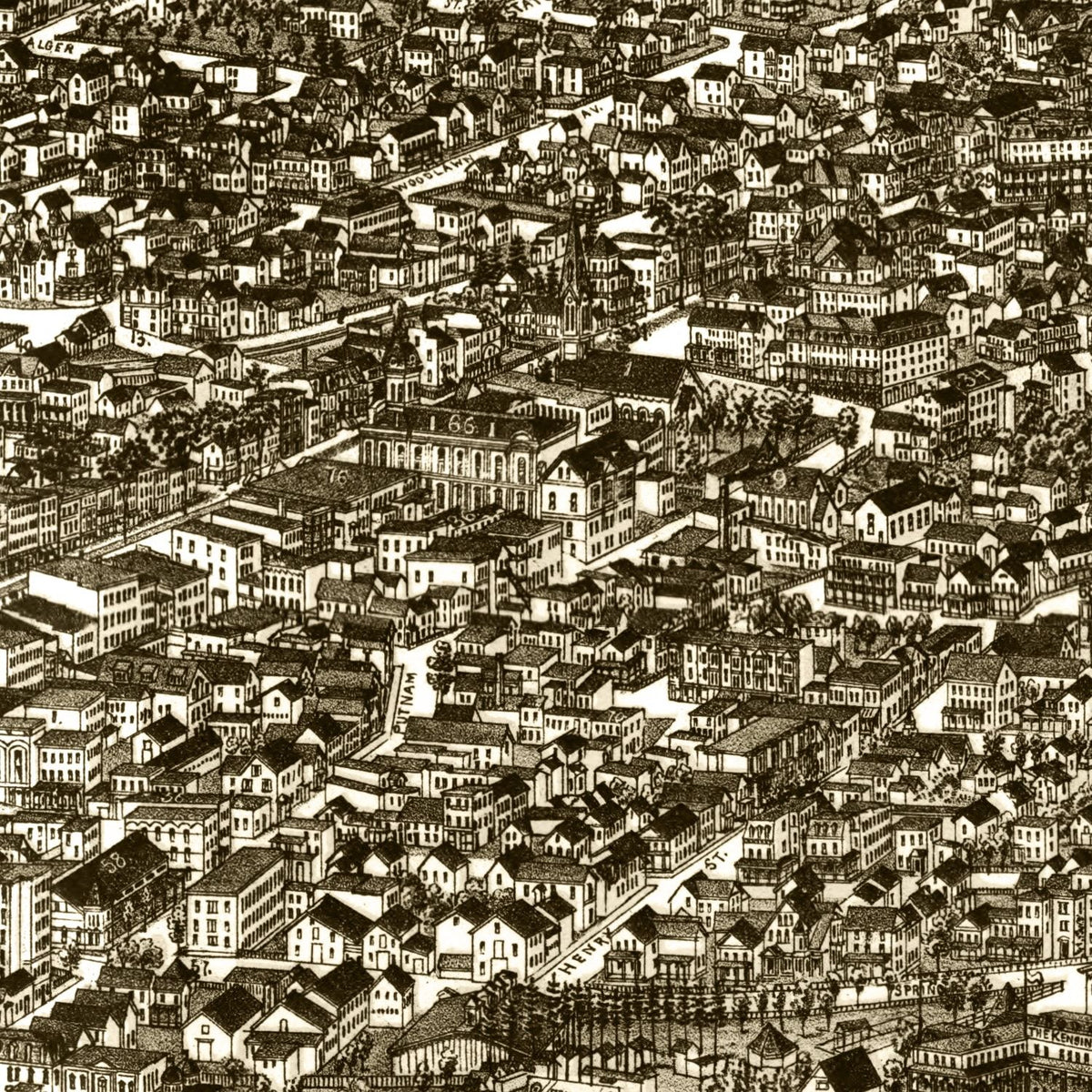 A detailed black and white illustration of a vintage Saratoga Springs map cityscape with numerous buildings.