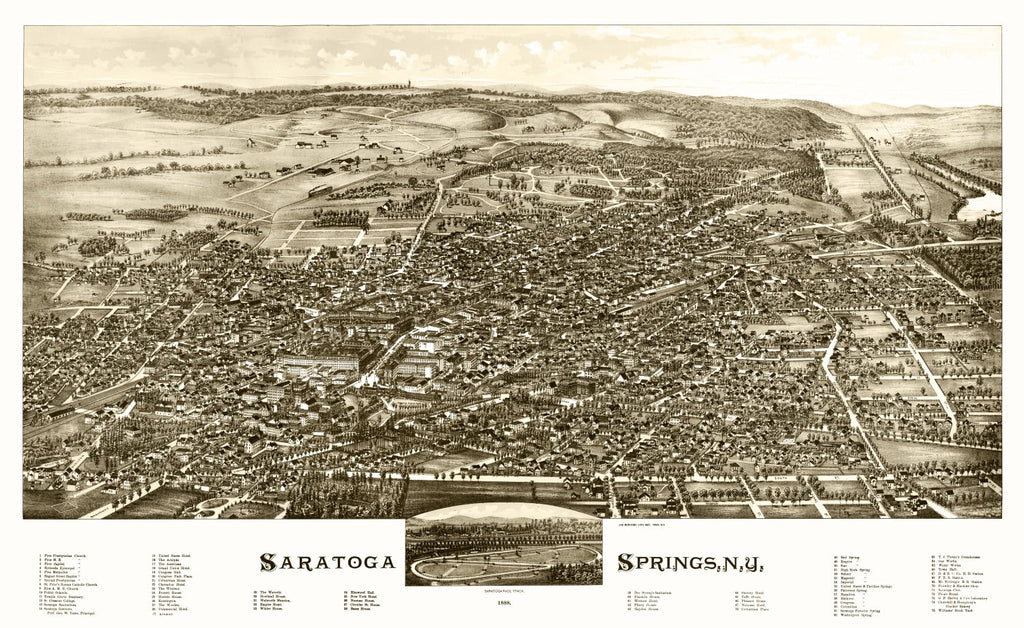 Vintage black and white bird's eye view map of Saratoga Springs, NY