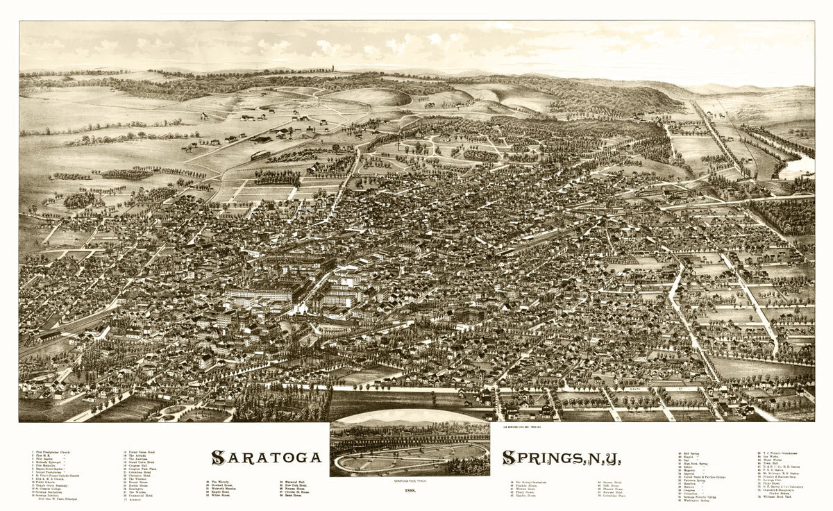 Vintage black and white bird's eye view map of Saratoga Springs, NY
