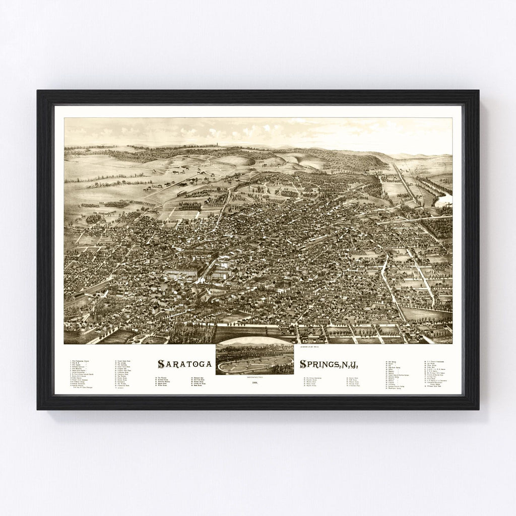 Framed vintage-style map of Saratoga Springs, NJ on a white background