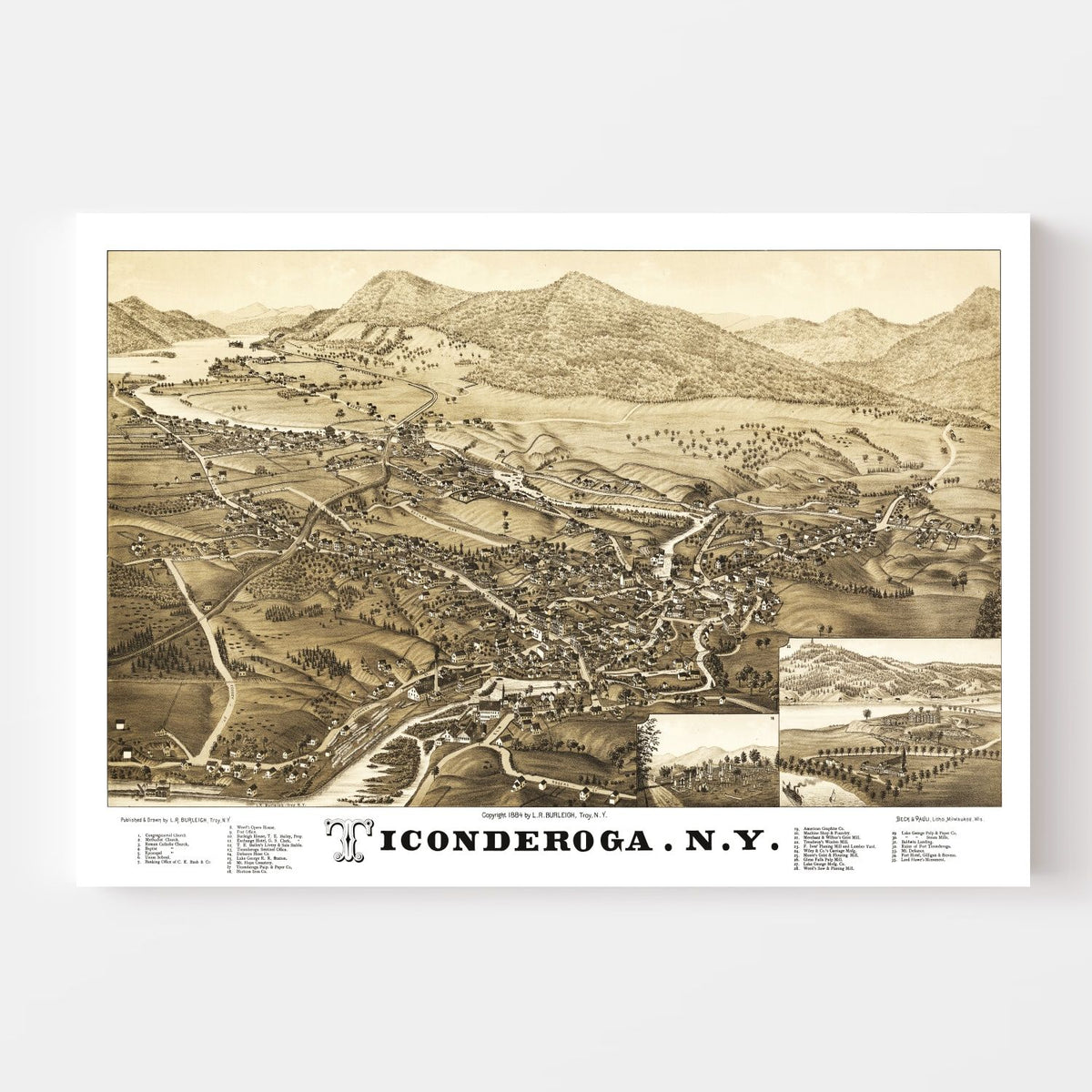 1884 Vintage Map Print of Ticonderoga, New York