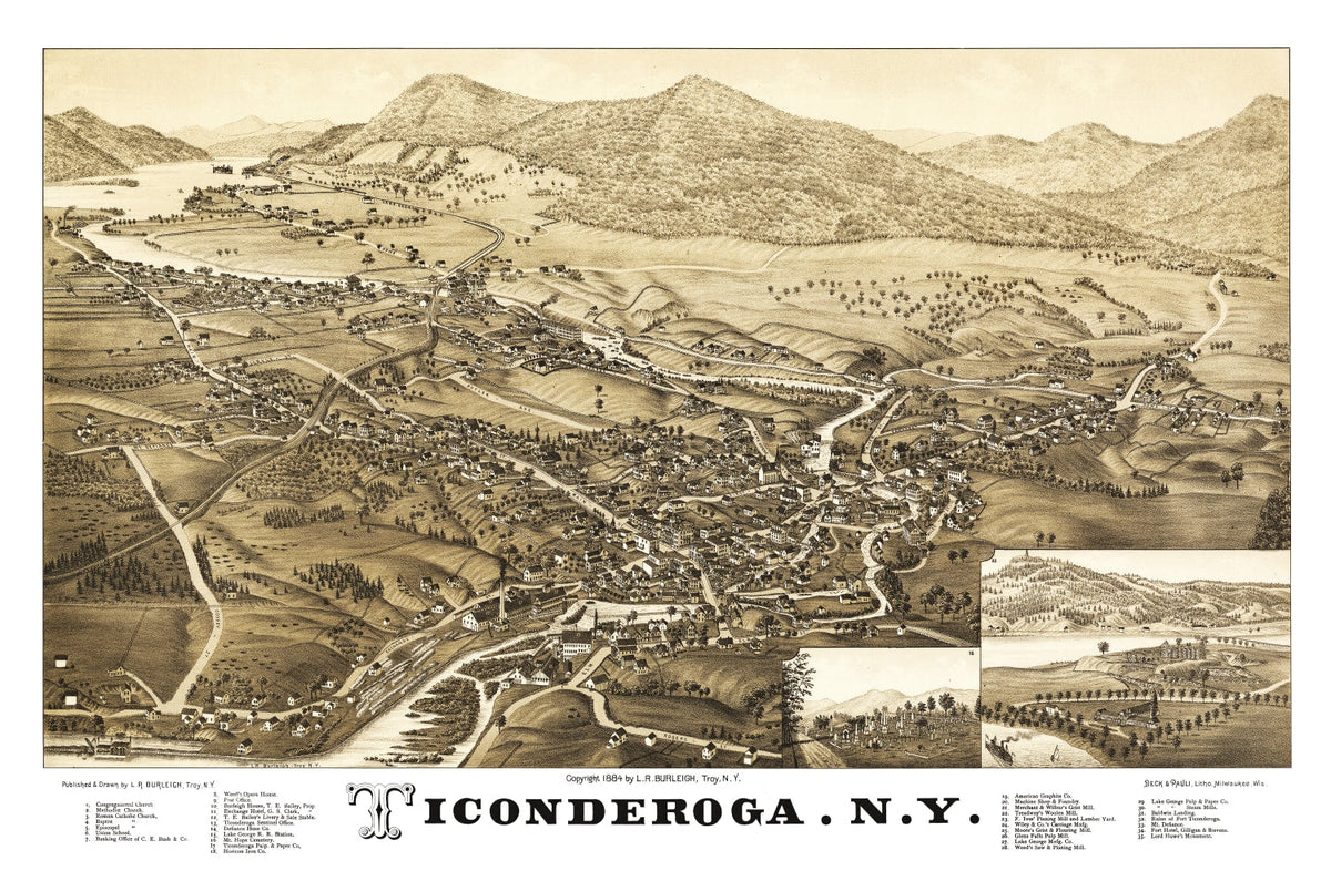 1884 Vintage Map Print of Ticonderoga, New York