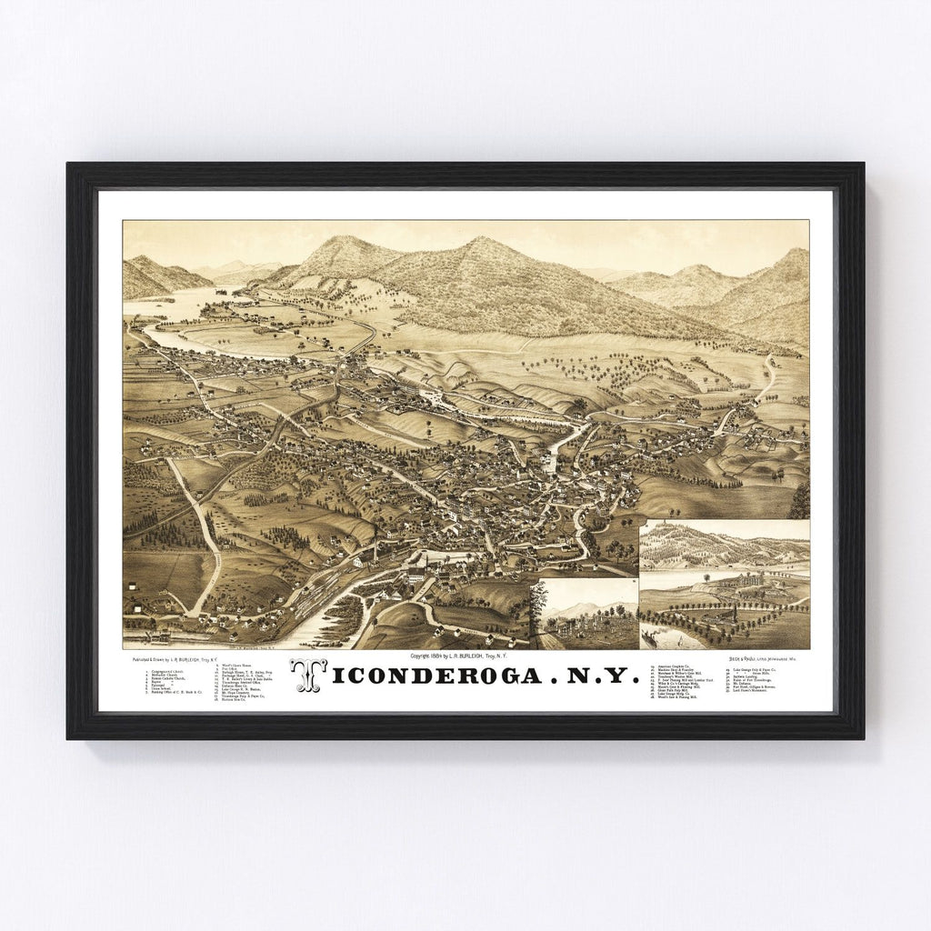 1884 Vintage Map Print of Ticonderoga, New York