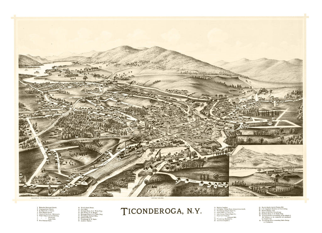 1891 Vintage Map Print of Ticonderoga, New York
