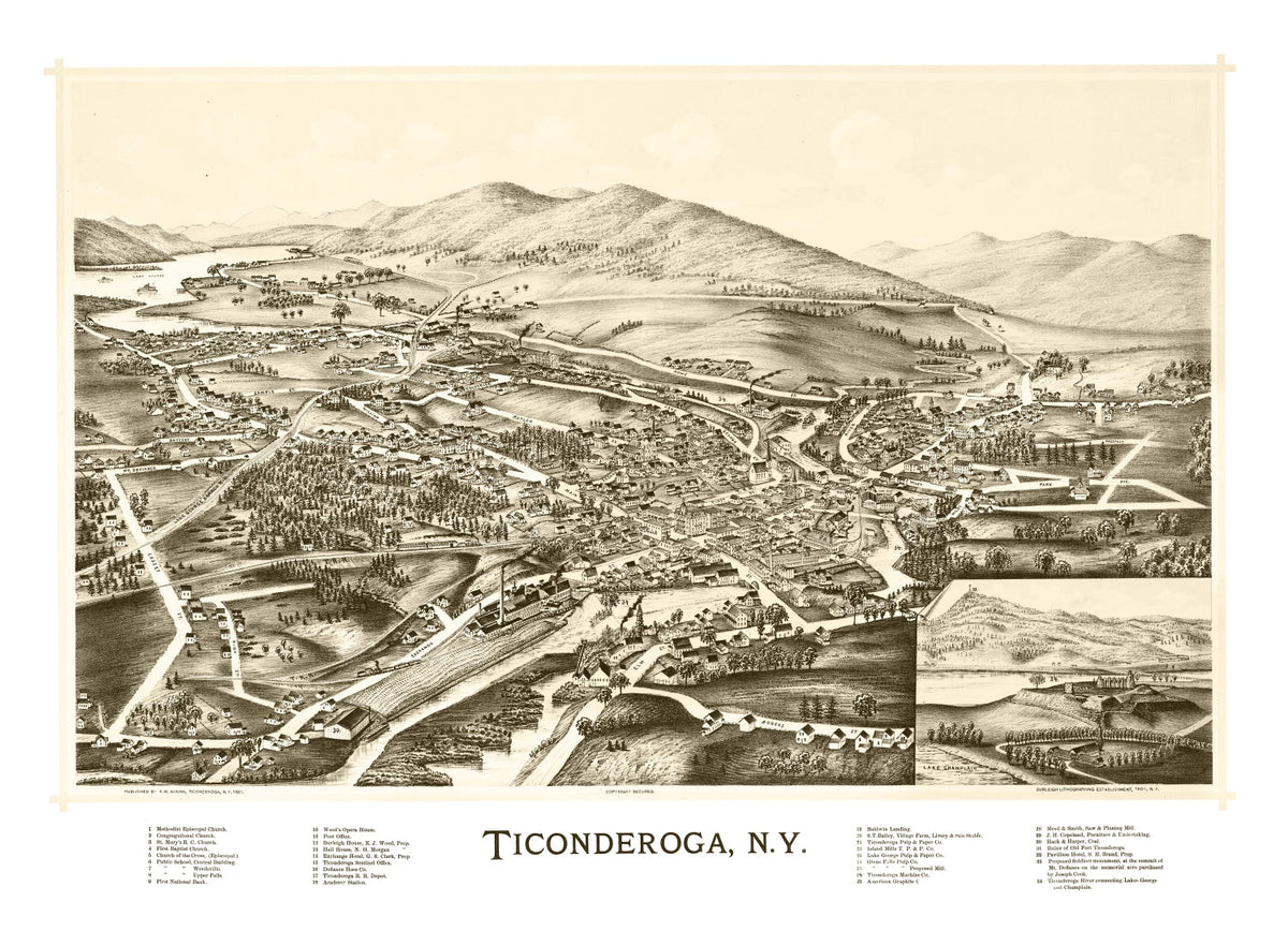 1891 Vintage Map Print of Ticonderoga, New York