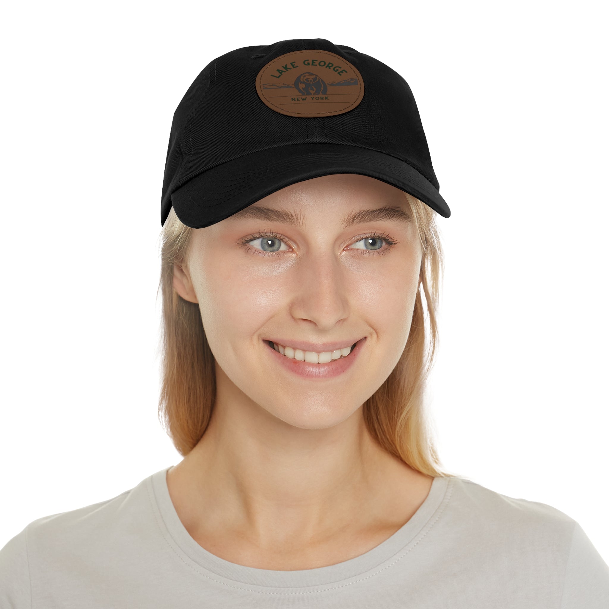 Lake George Round Leather Patch Dad Hat - Bear on Ice Design