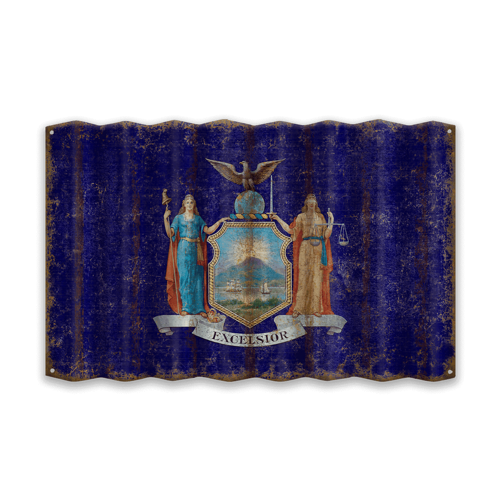 Worn New York state flag with a blue background and emblem wall art