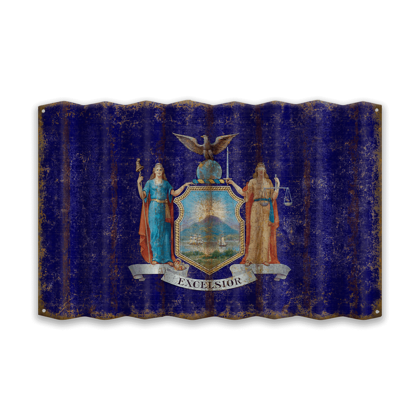 Worn New York state flag with a blue background and emblem wall art
