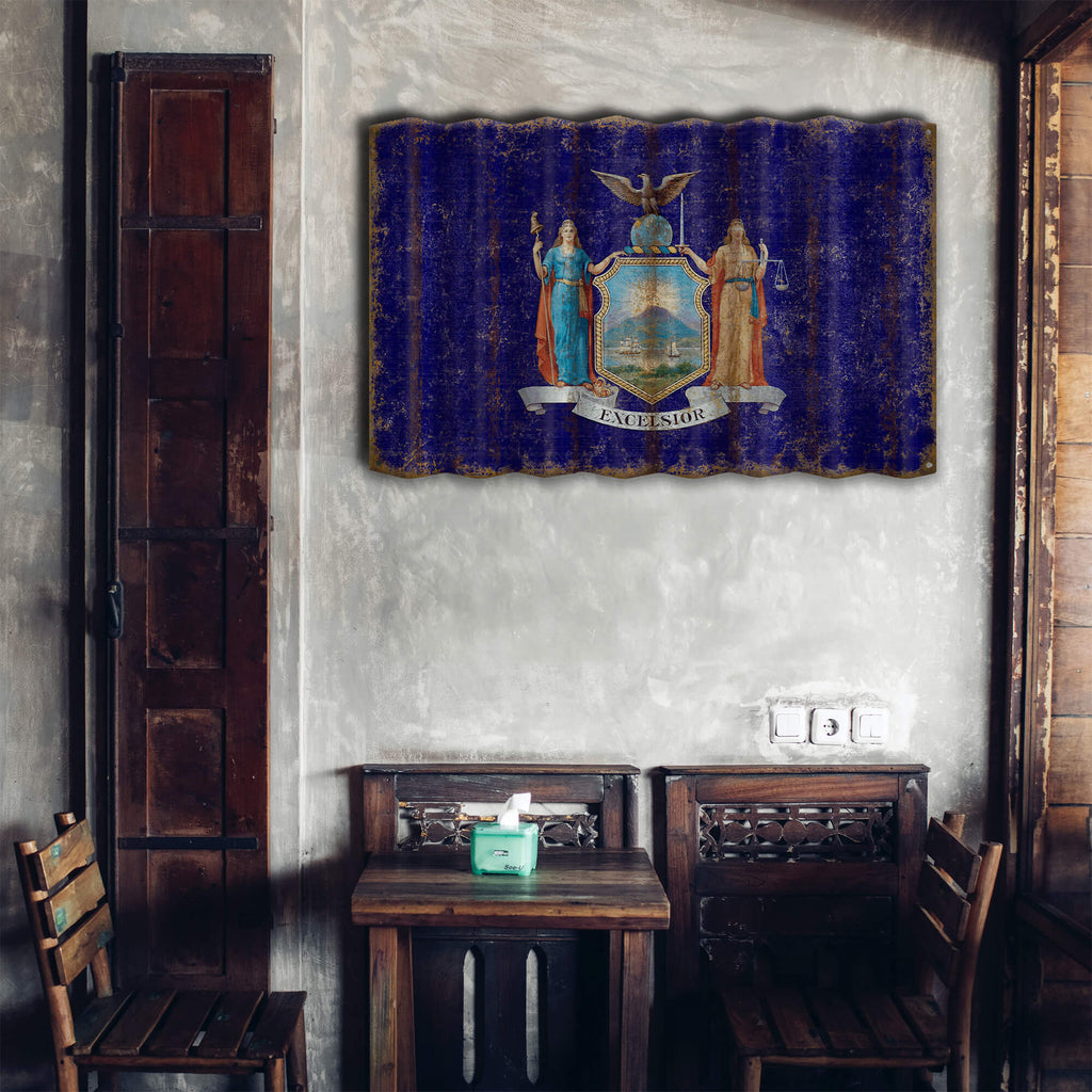 Wall art on corrugated metal of new york state emblem in furnished room