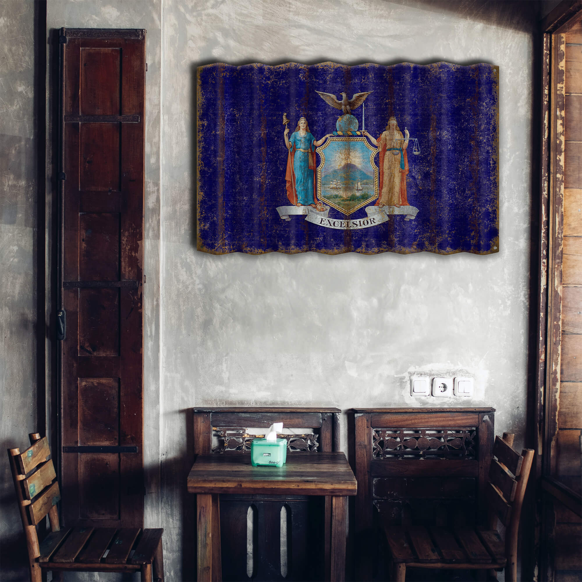 Wall art on corrugated metal of new york state emblem in furnished room