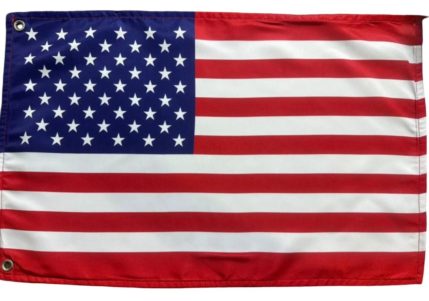 An American flag with red and white stripes and a blue canton with white stars, shown flat against a white background.