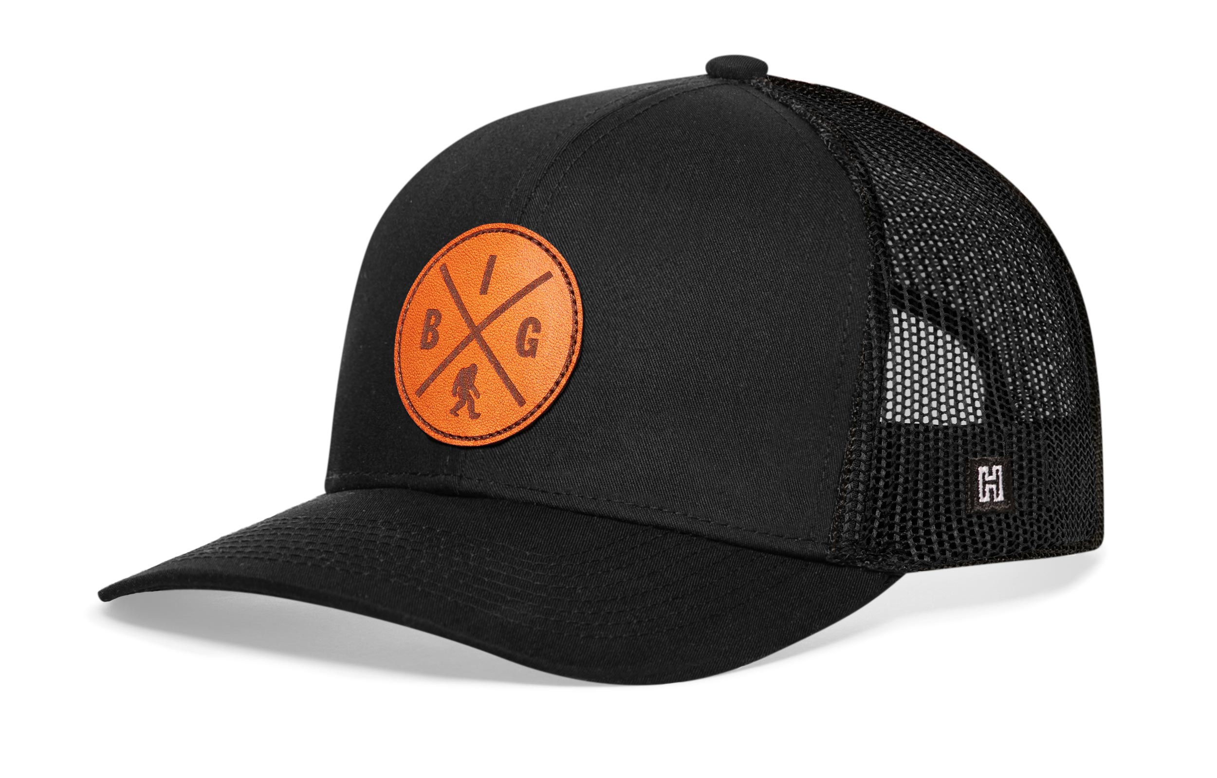 Bigfoot X Trucker Hat — Sasquatch Leather Patch Snapback, Black