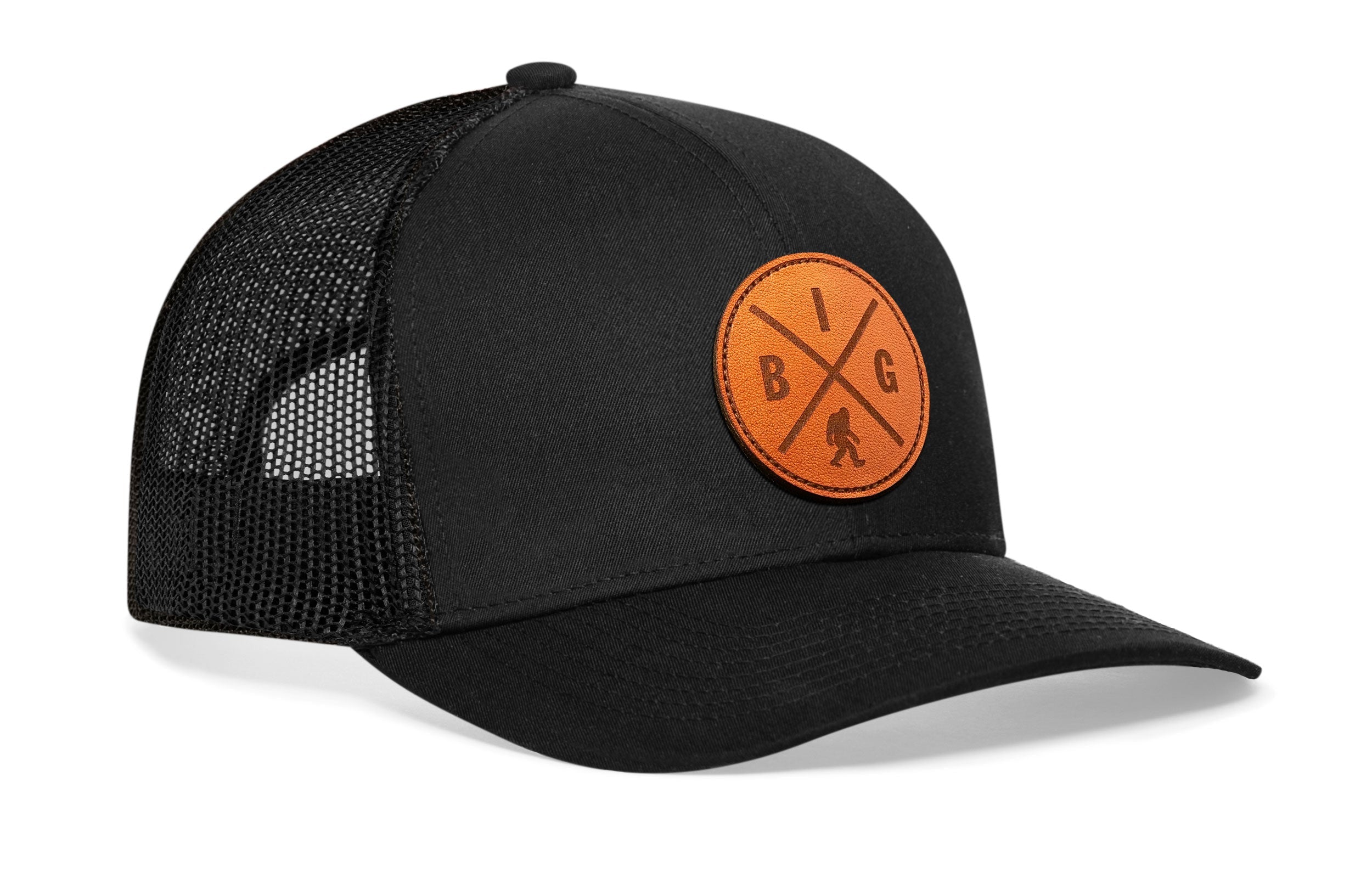 Bigfoot X Trucker Hat — Sasquatch Leather Patch Snapback, Black