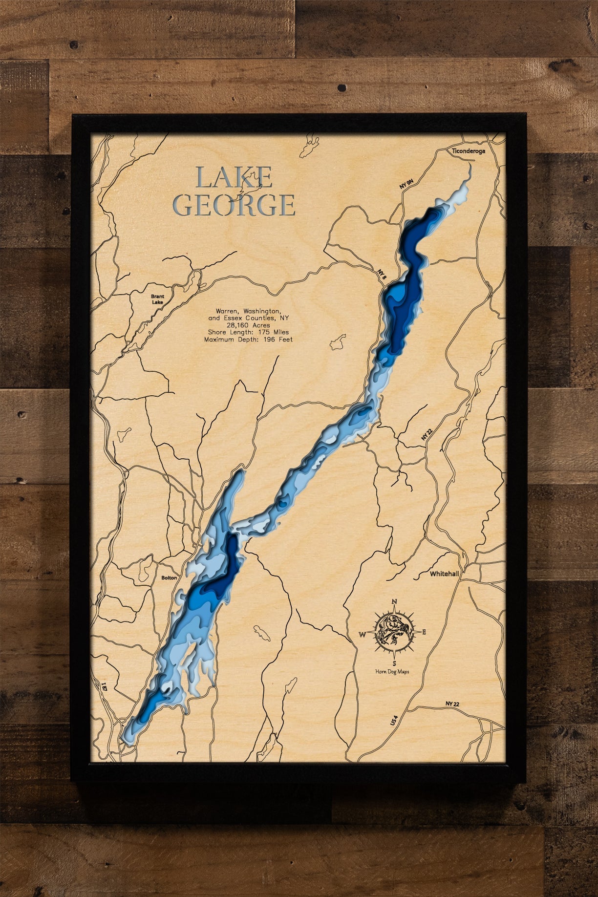 Lake George Bathymetric Wood Map — Layered Lake Depth Art