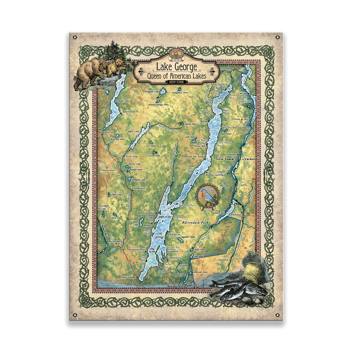 Lake George, New York: Illustrated Map - Wood & Metal Wall Art