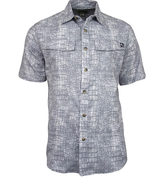 Short-sleeve shirt with a geometric pattern on a white background