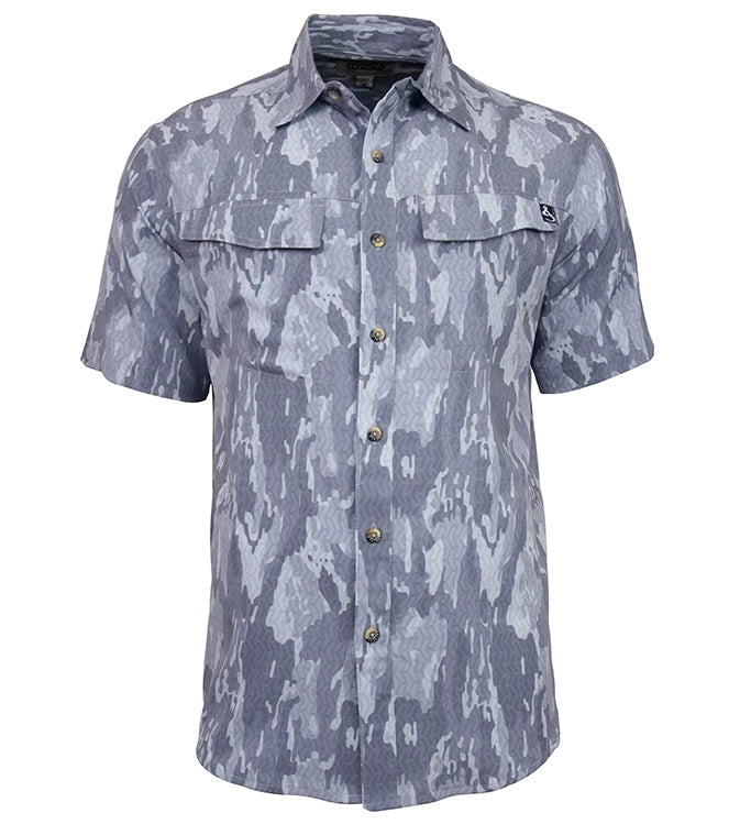 Short-sleeve button-up shirt with camouflage pattern on a white background