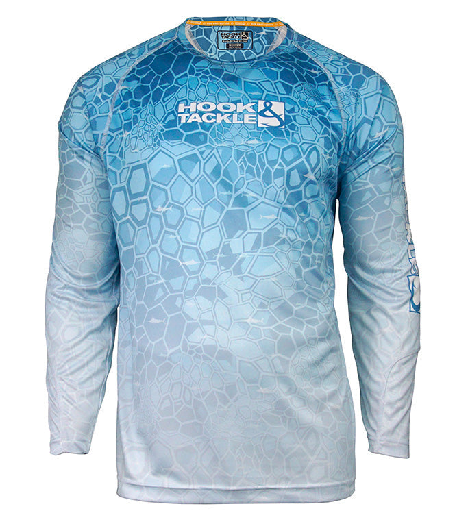 Blue patterned long-sleeve shirt with 'Hook Tackle' logo on a white background