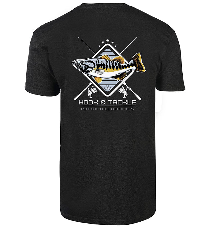 Black t-shirt with a fish graphic and 'Hook & Tackle' branding on a white background