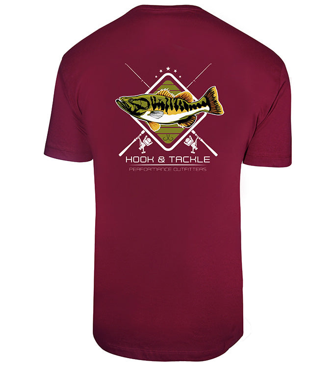 Maroon t-shirt with a fish graphic and 'Hook & Tackle' text on the back, against a white background.