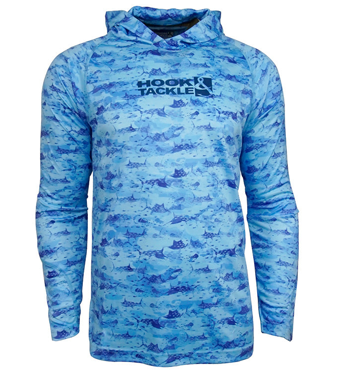 Blue camouflage hoodie with 'Hook and Tackle' logo on a white background