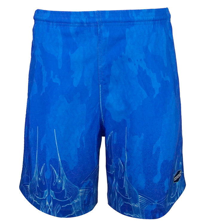 Blue shorts with fish pattern on a white background