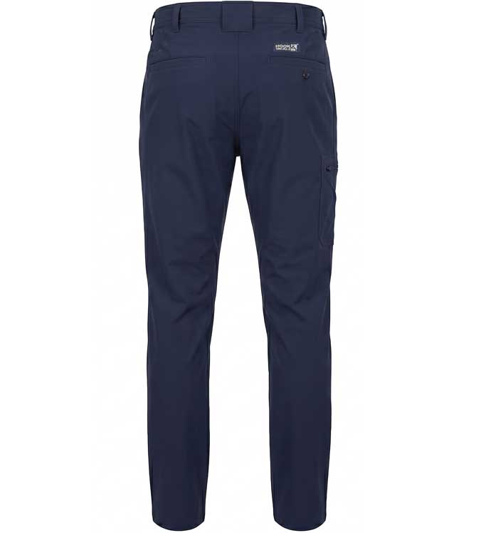 Navy blue fishing pants with a brand logo on a white background - view from back