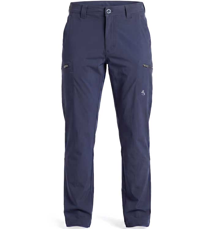 Navy blue fishing pants on a white background - view from front