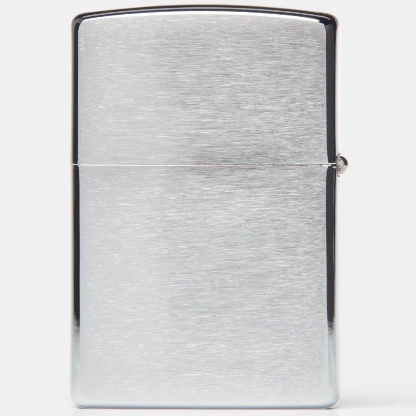A classic Zippo-style folding lighter with a brushed silver metal finish and polished beveled edges, shown against a plain light gray background.