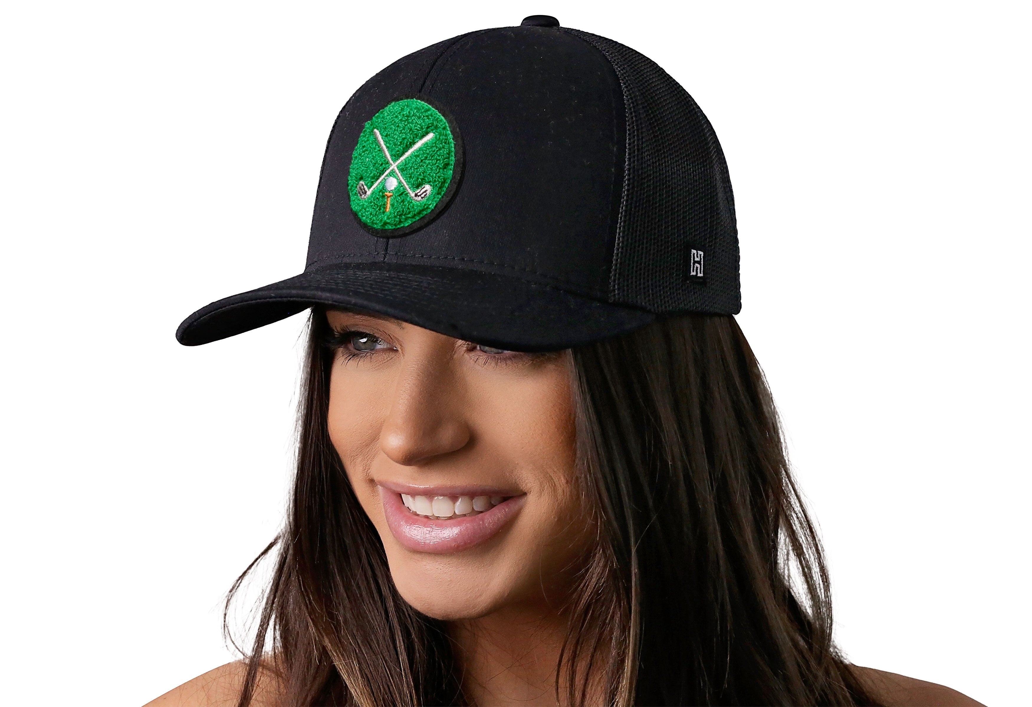 Haka Golf Trucker Hat with Club X chenille patch with female model