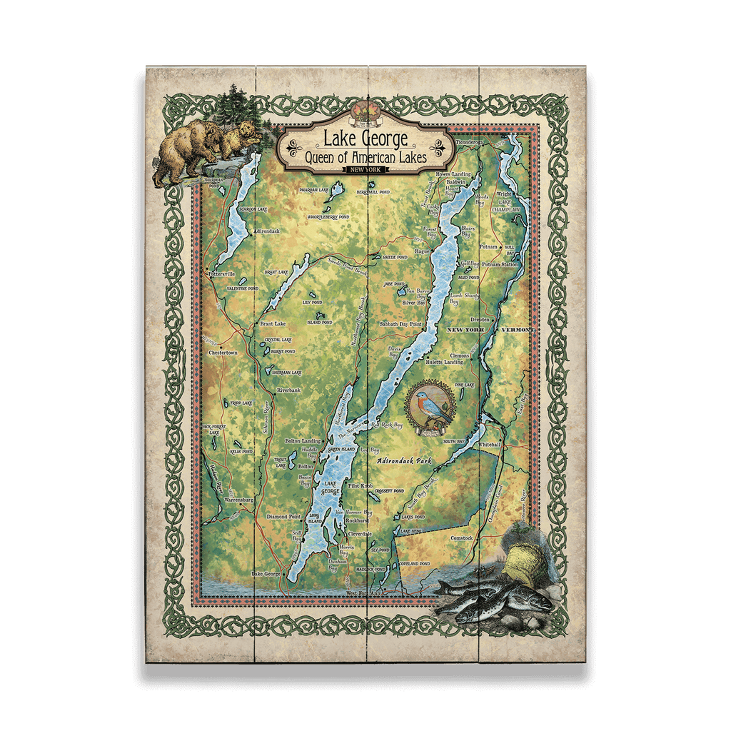 Lake George, New York: Illustrated Map - Wood & Metal Wall Art