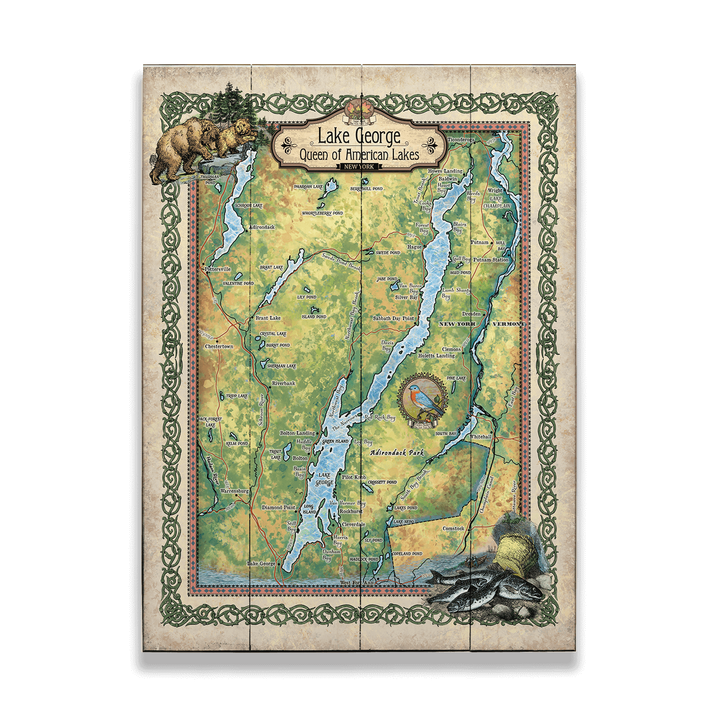 Lake George, New York: Illustrated Map - Wood & Metal Wall Art