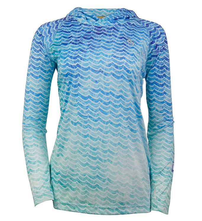 Blue and white patterned hoodie on a white background