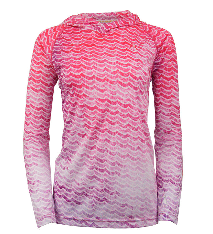 Pink and white patterned long-sleeve shirt on a white background