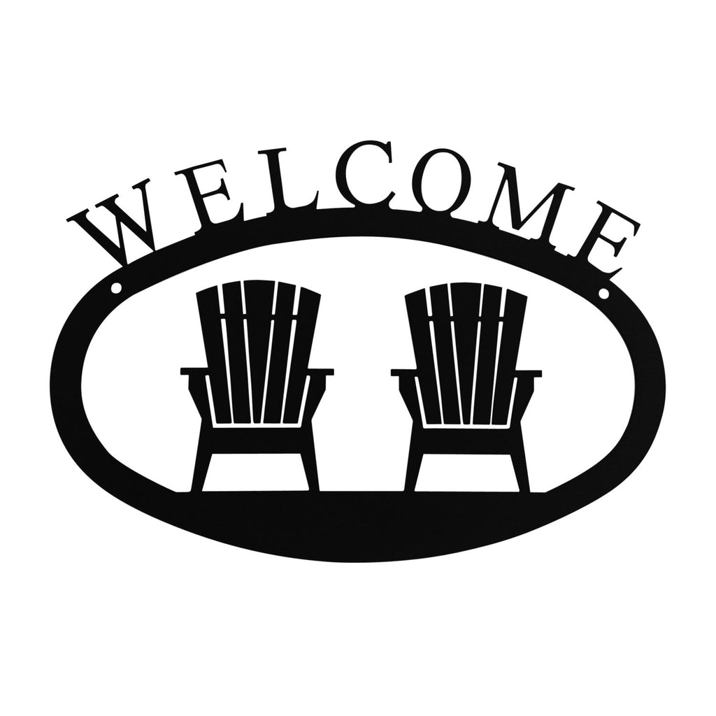 Decorative metal sign with 'WELCOME' and two Adirondack chairs on a white background