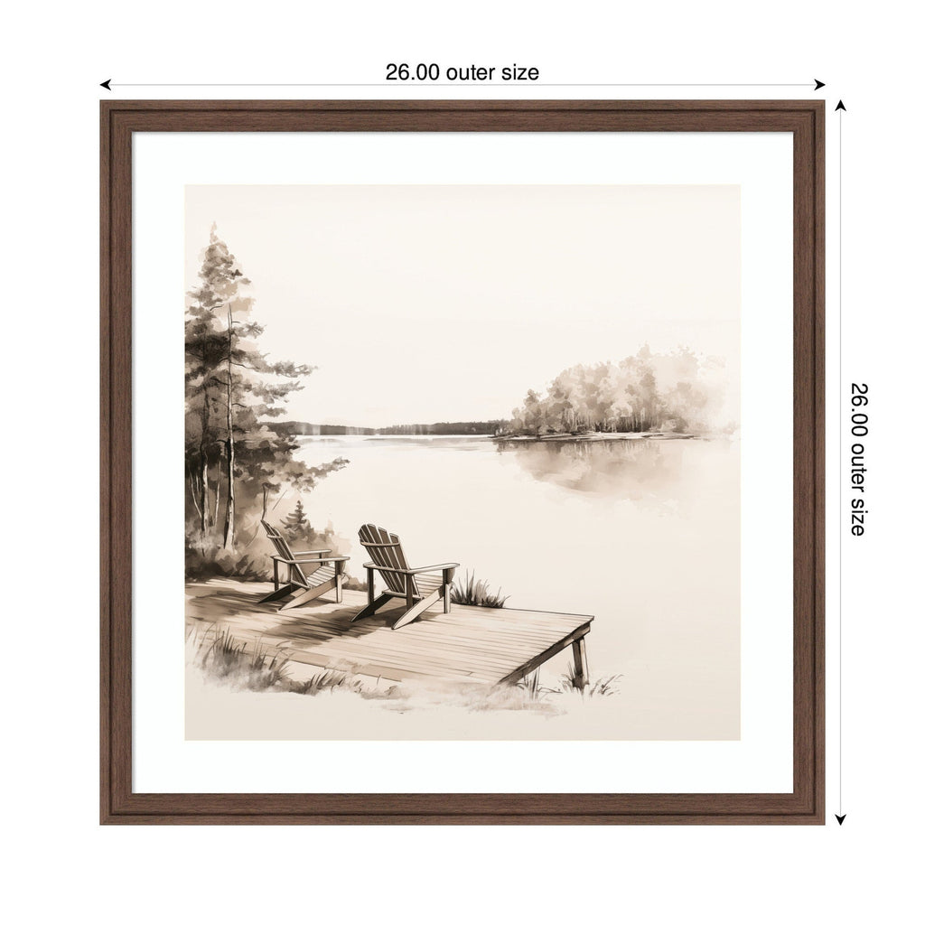 Framed artwork of a lakeside scene with two chairs on a dock, showing dimensions.