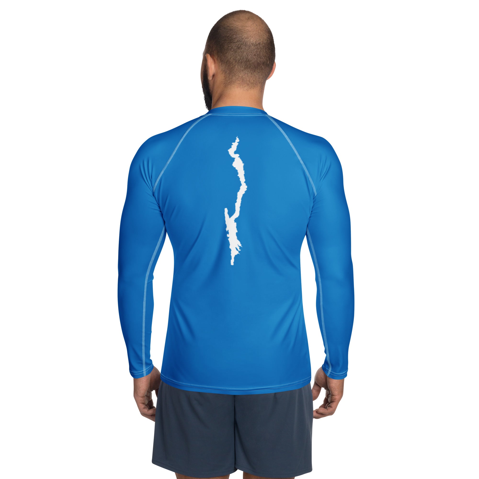 Lake George men's rash guard blue rear view with model