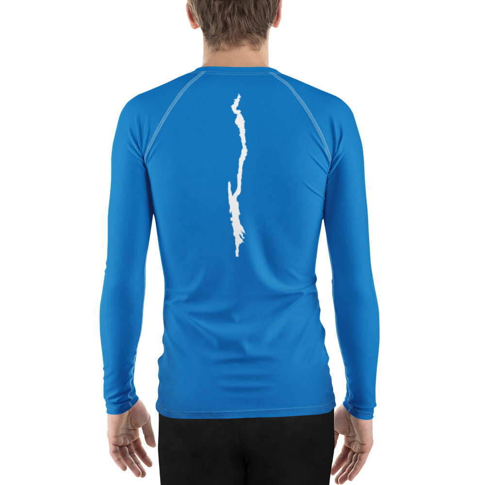 Lake George men's rash guard blue rear view with model alternate
