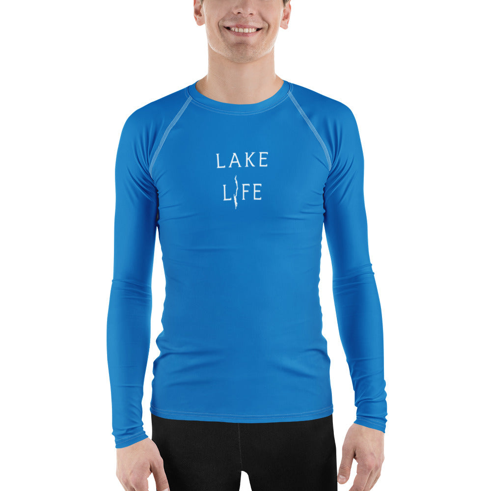 Lake George men's rash guard blue front view with model alternate