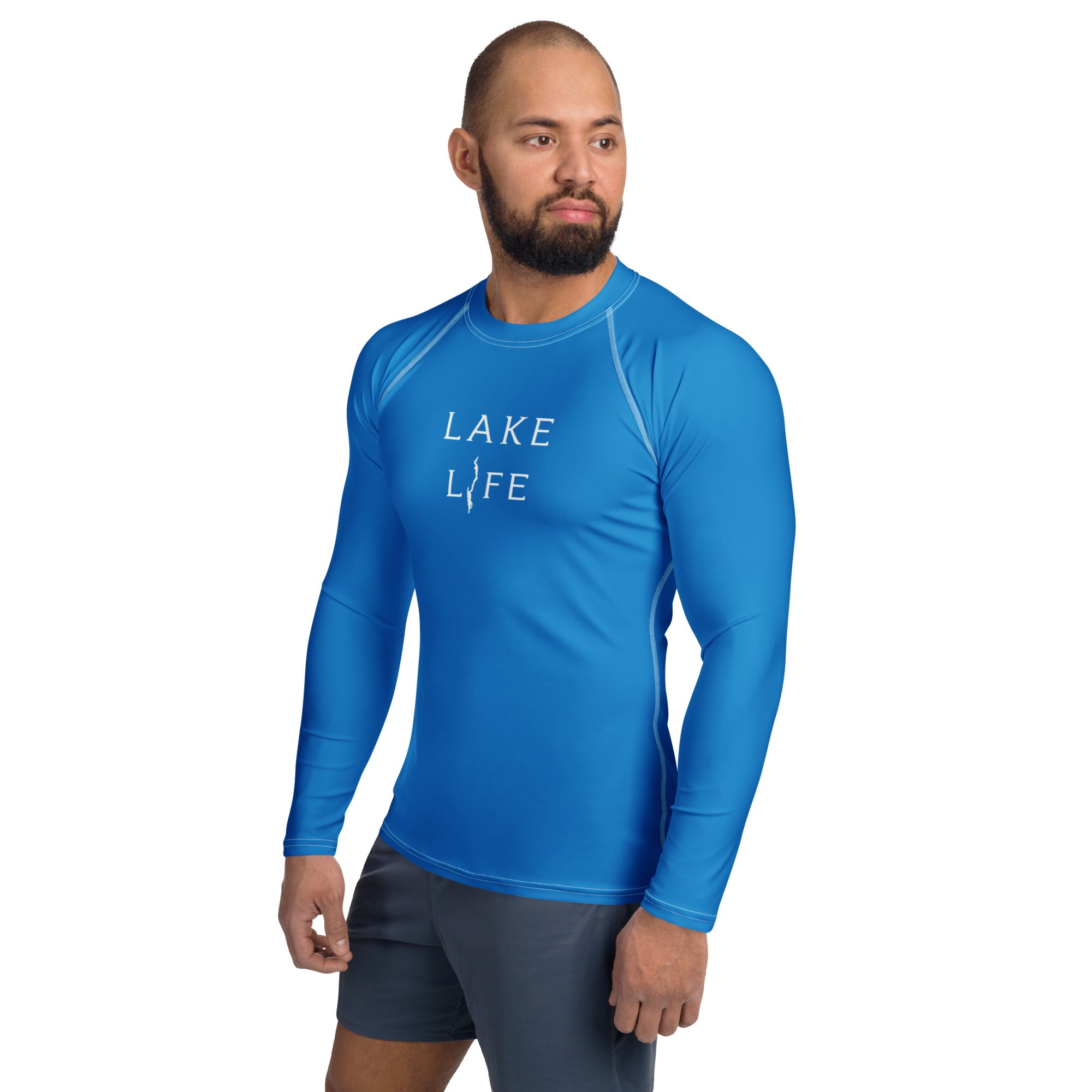 Lake George men's rash guard blue front view with model