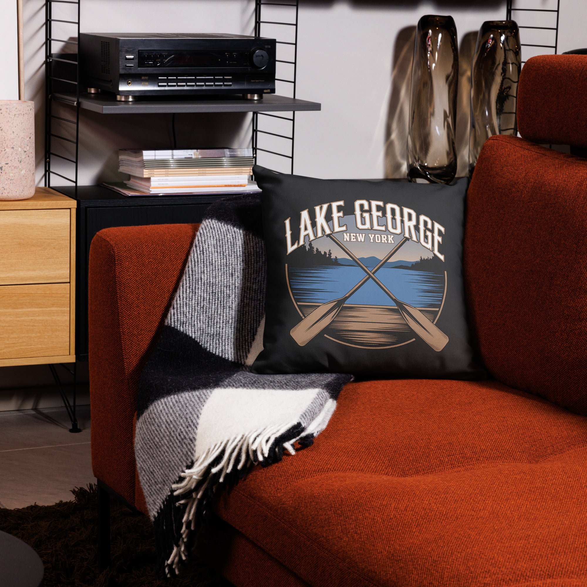 Lake George Throw Pillow In Black With Crossed Paddles