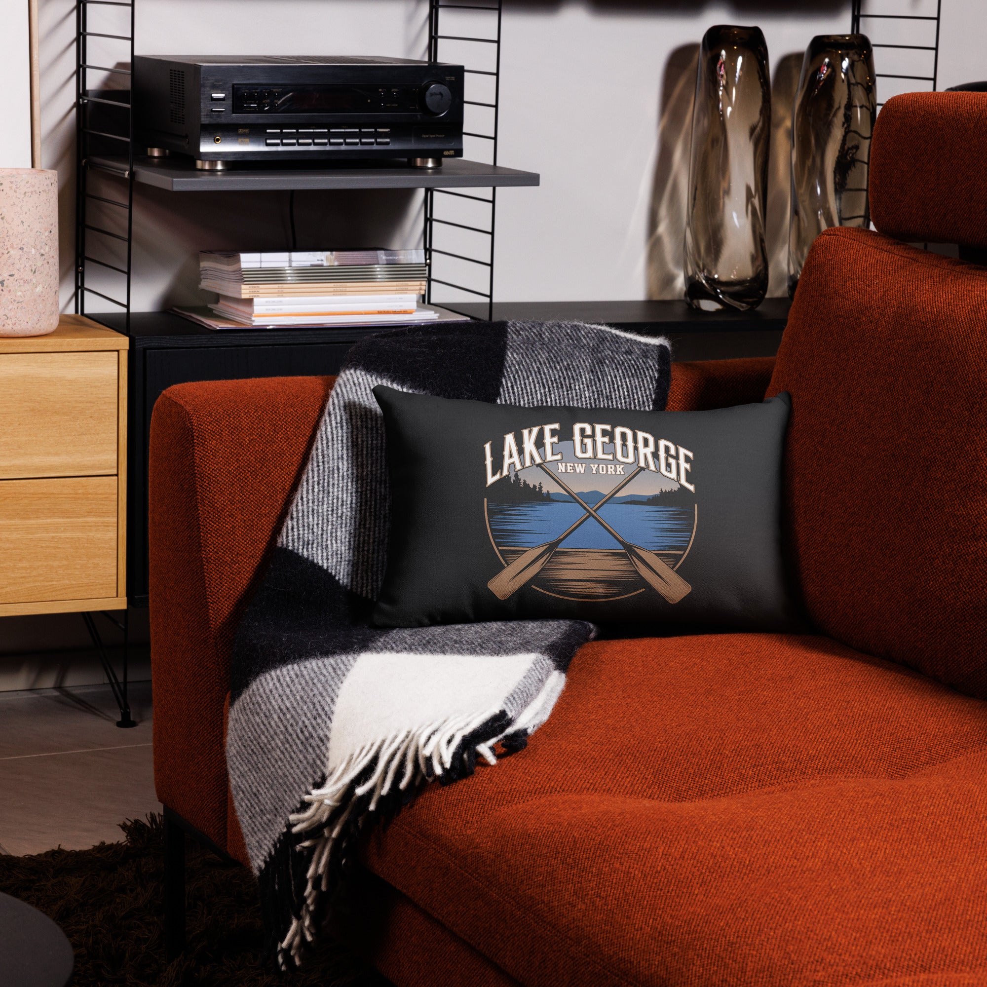 Lake George Throw Pillow In Black With Crossed Paddles