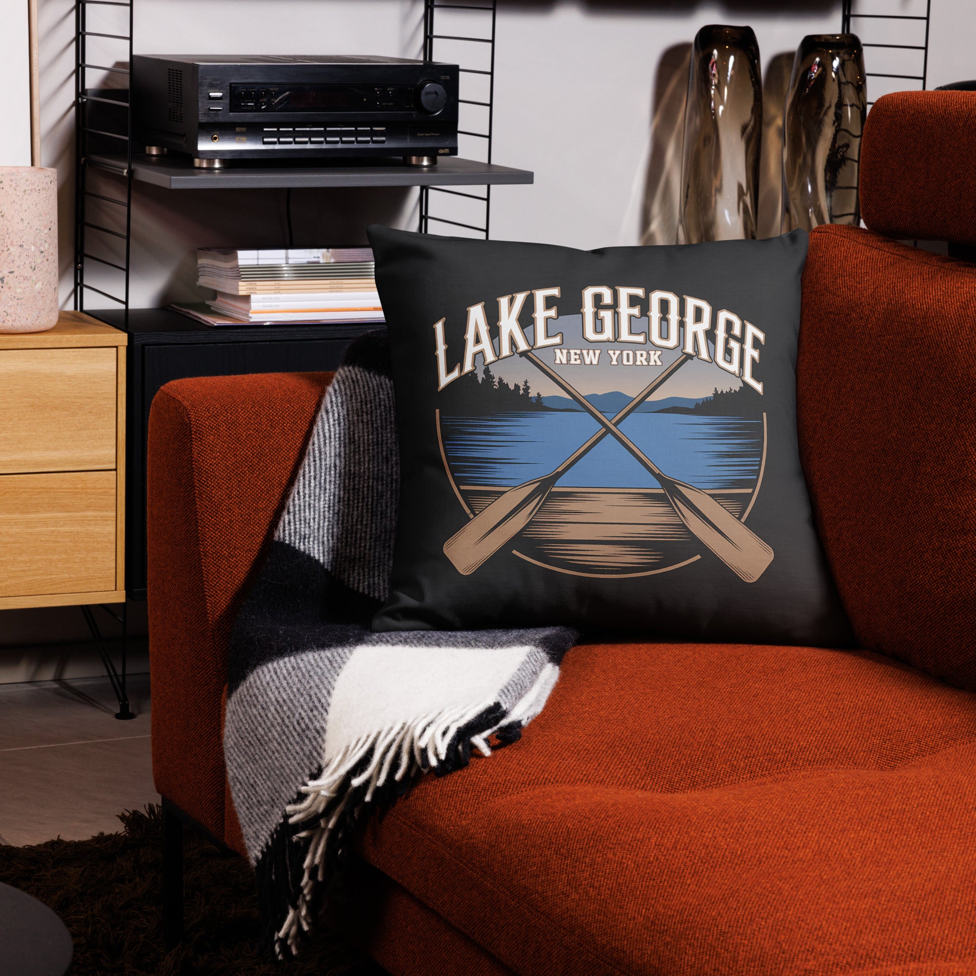 Lake George Throw Pillow In Black With Crossed Paddles