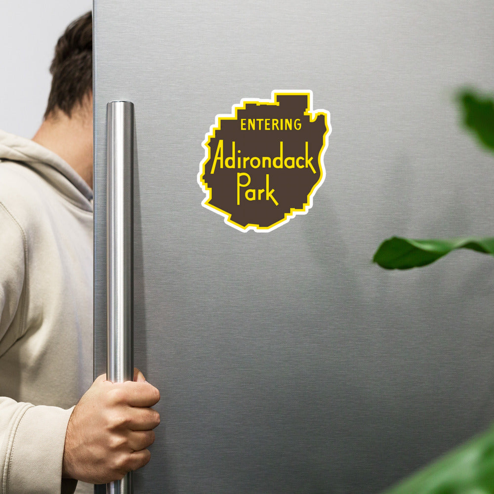 Entering adirondack park vintage sign design die-cut magnet 6x6 on fridge
