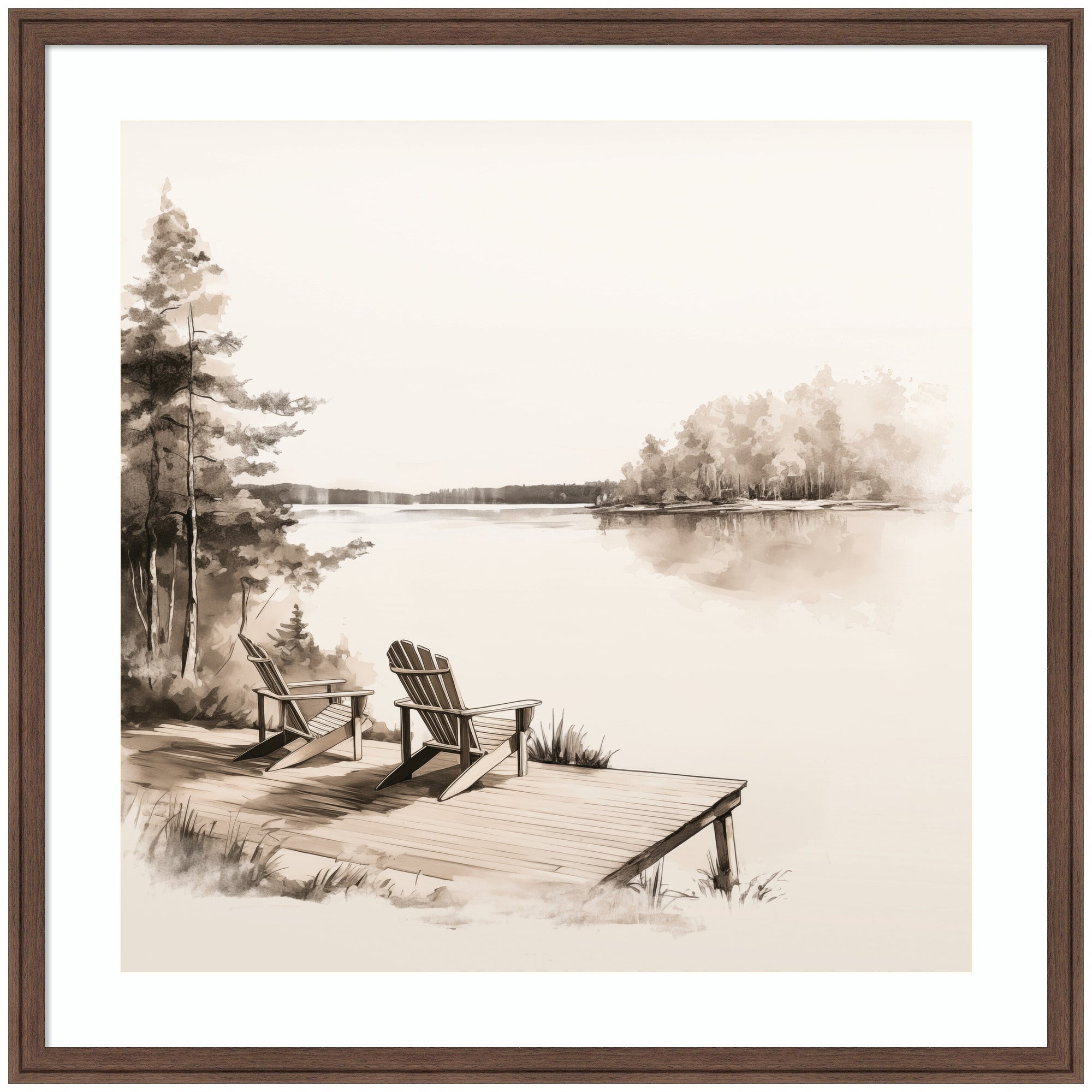 Framed artwork of a serene lakeside scene with two Adirondack chairs.