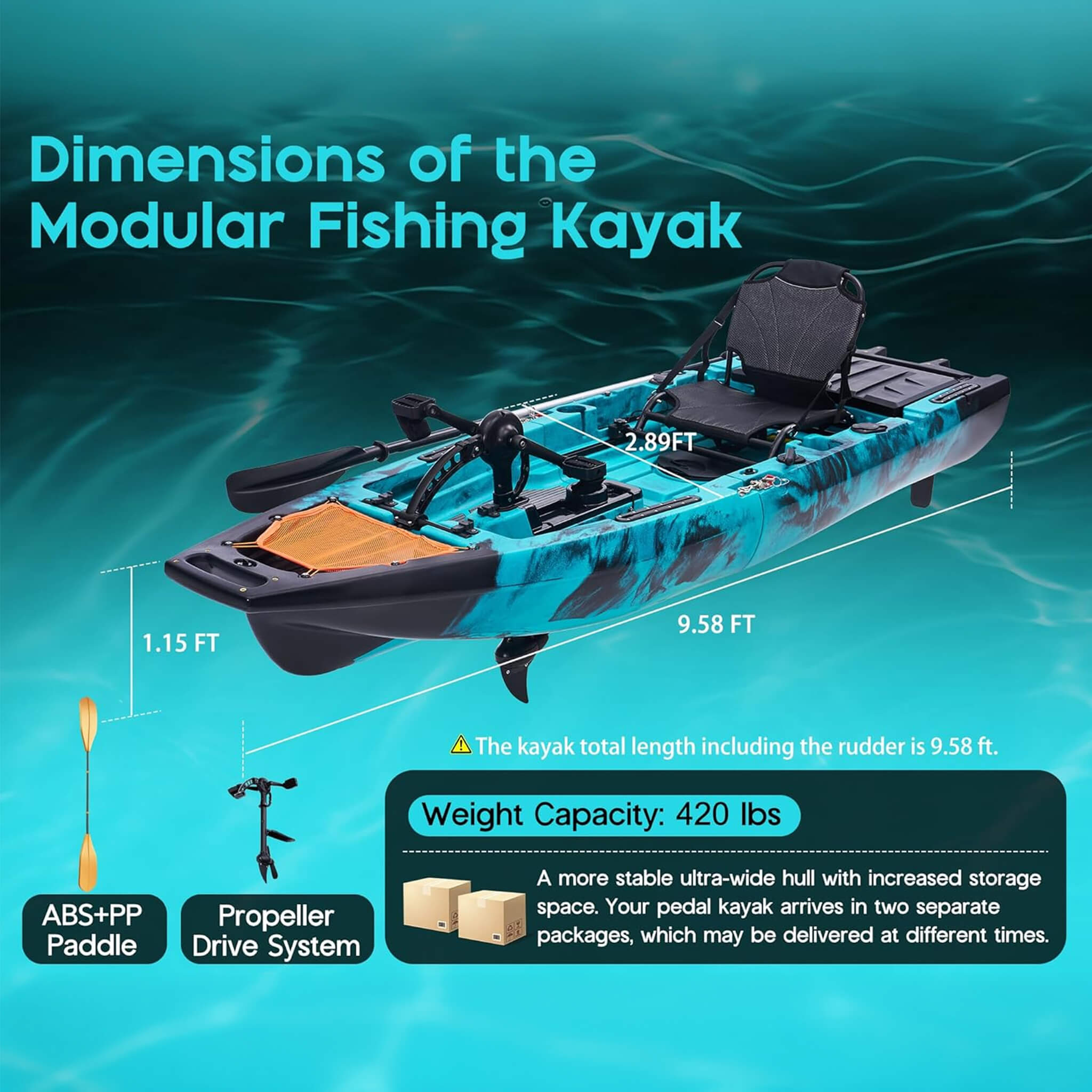 Modular Fishing Kayak with Propeller Drive System — 10', HDPE, 1-Person